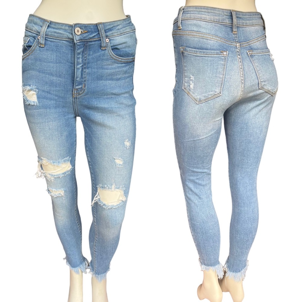KanCan Medium Wash Distressed Skinny Jeans with Raw Frayed Hem | Size: 7/27